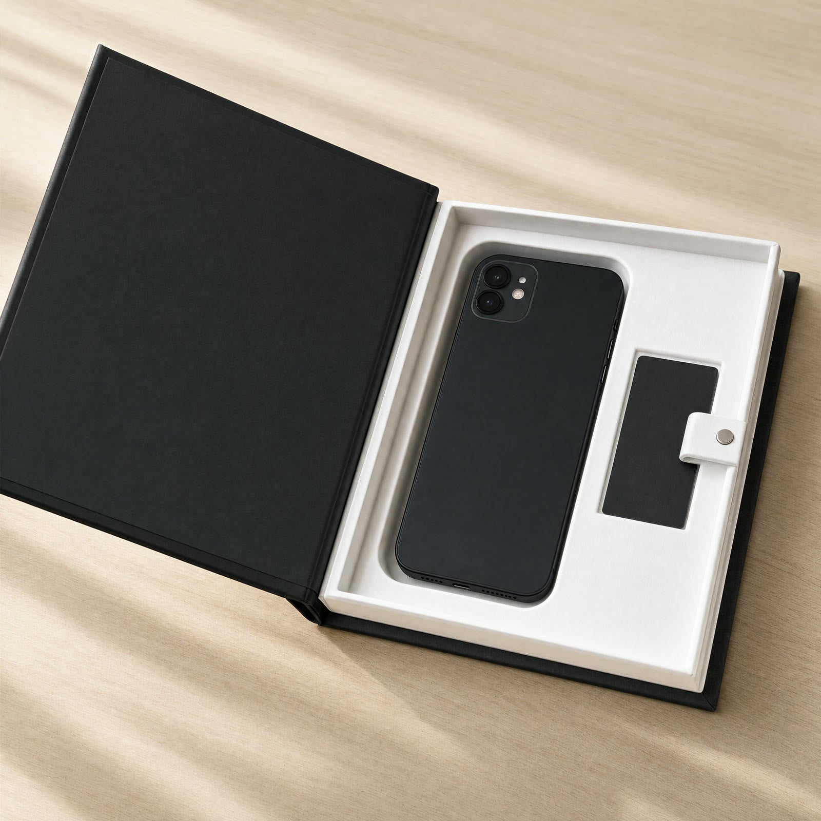 book decoy open, phone hidden in the white molded tray