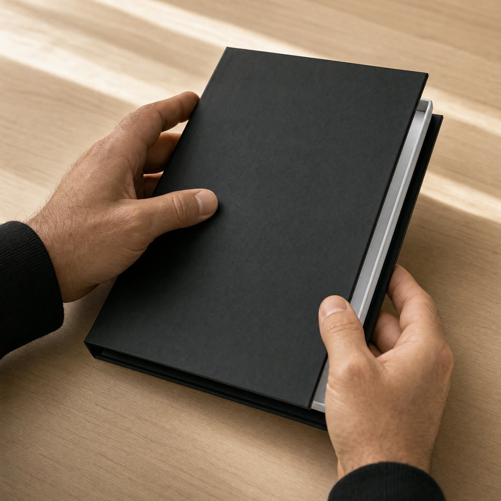 hands opening the matte black book
