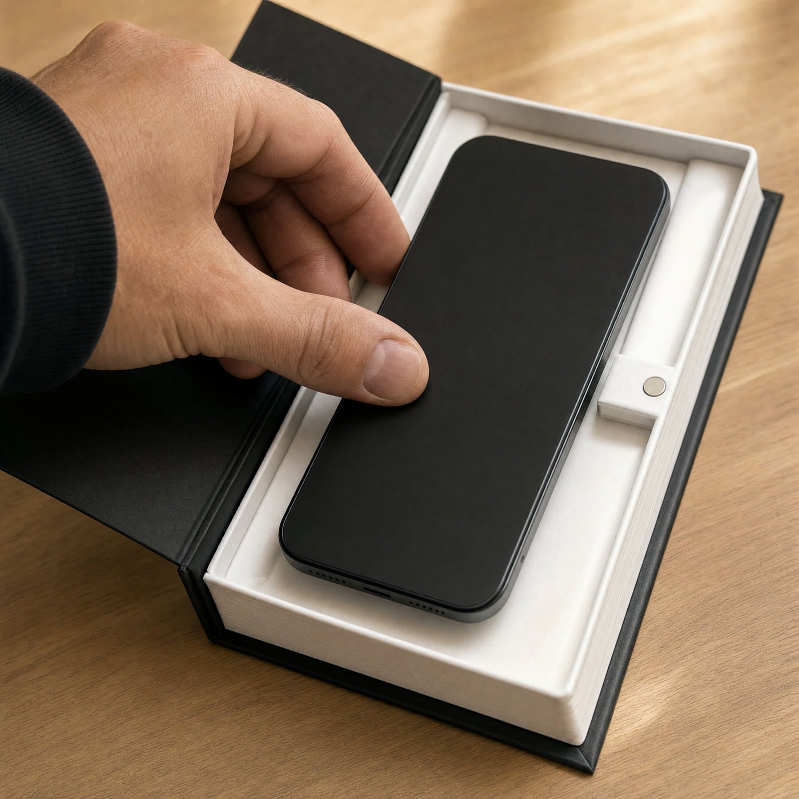 a hand sliding a phone into the white tray