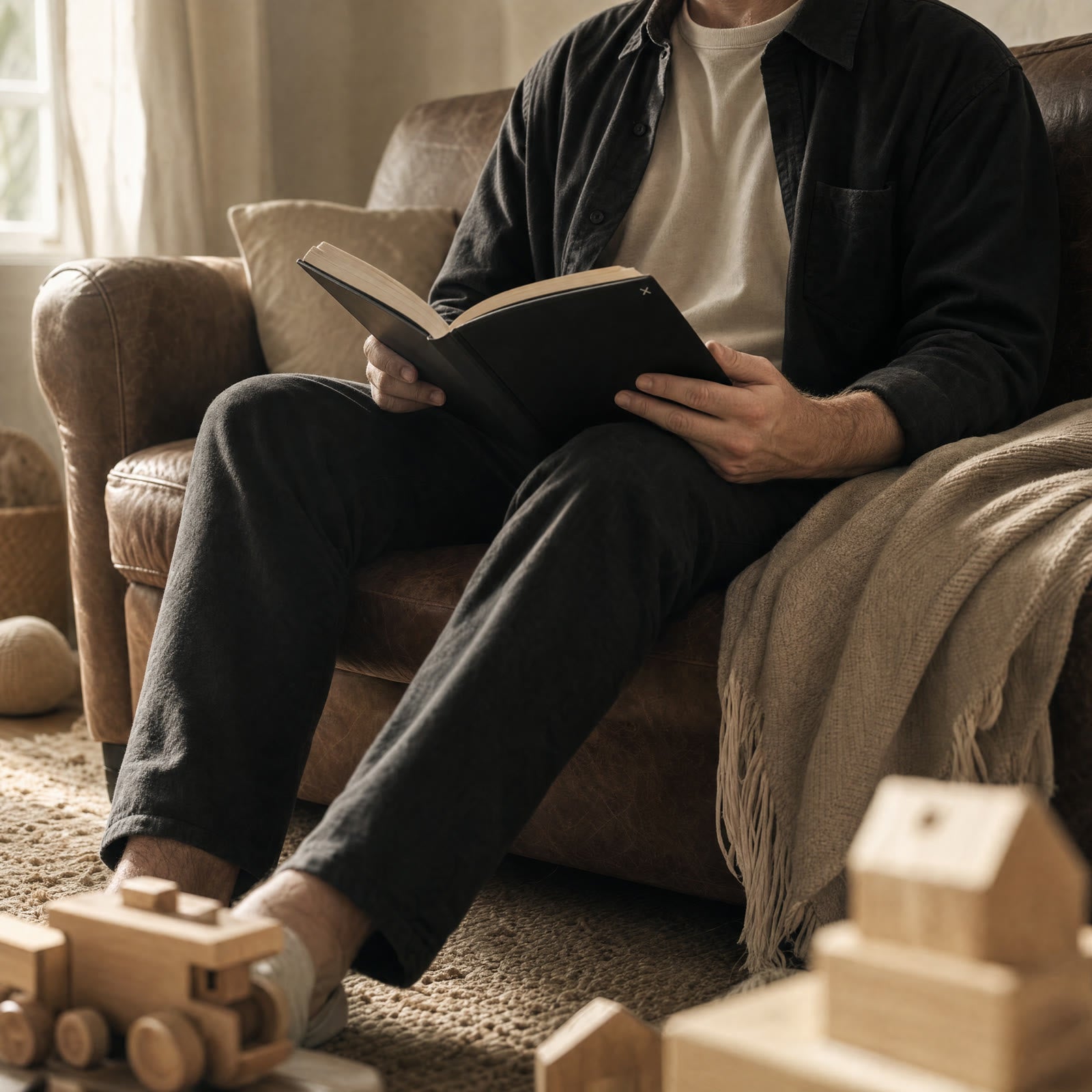 a parent holding the book like they are reading, child playing nearby