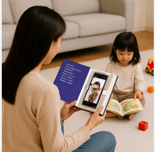parent reading the black book in a living room