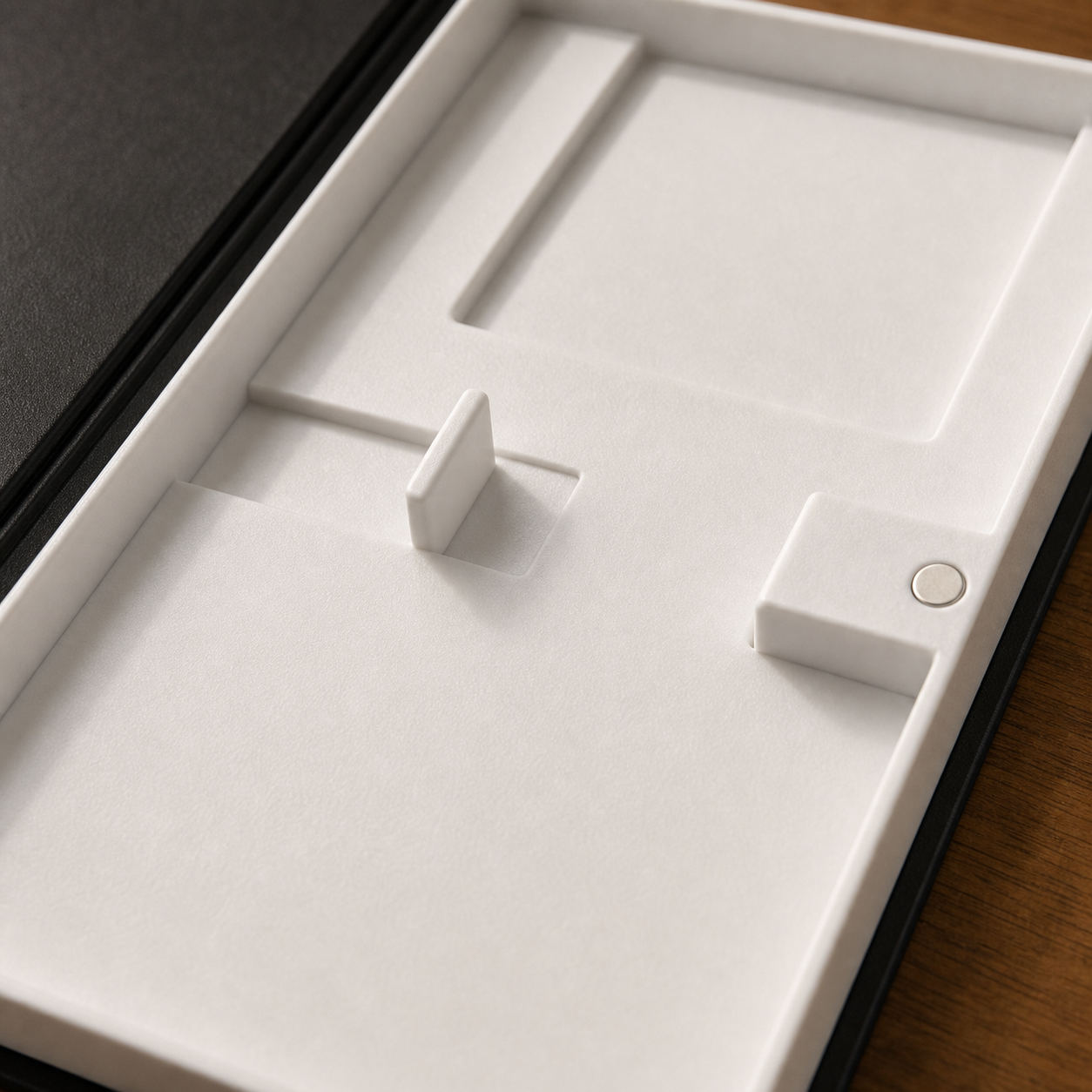 book decoy open, phone resting screen-up in the white molded tray